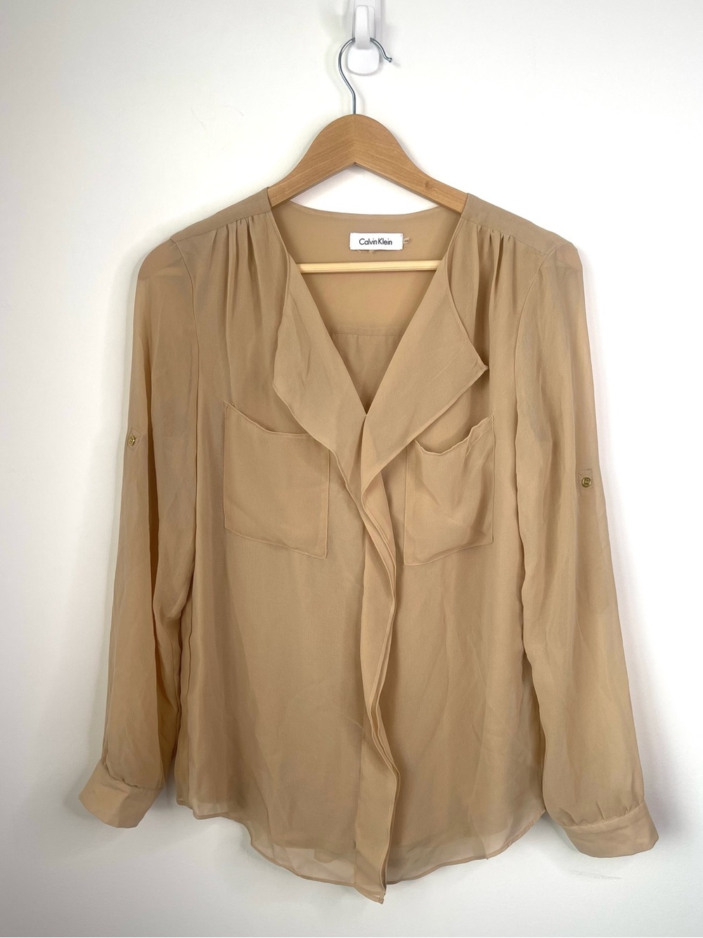 NWOT Calvin Klein Tan Long Sleeve Tie Front Blouse size small
